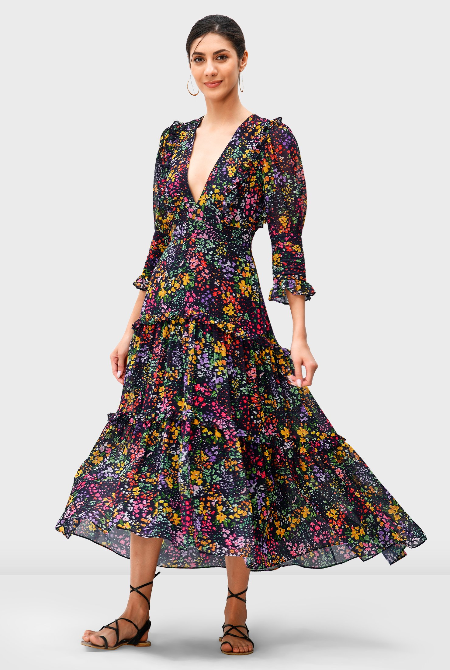 FAME and PARTNERS Floral-Print Strappy-Back Tiered Georgette Dress - Dresses