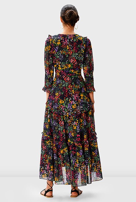 Shop Ruffle floral print georgette tiered dress | eShakti