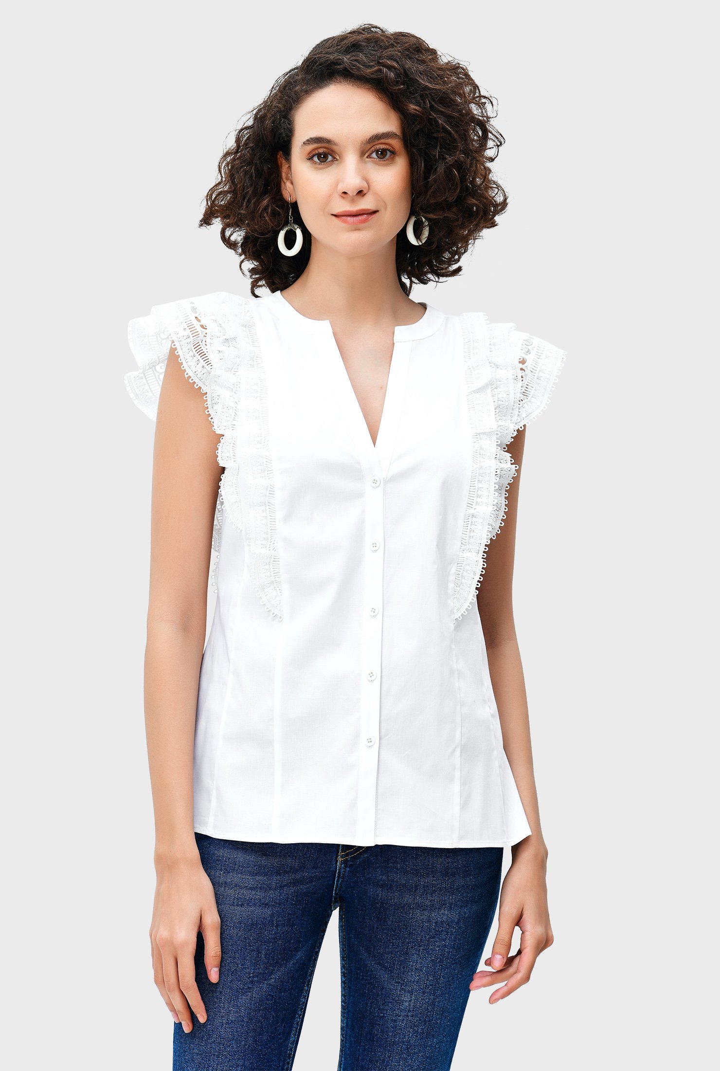 Shop Ruffle flounce lace cotton poplin shirt | eShakti
