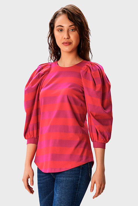 Shop Puff sleeve stripe cotton jersey blouse | eShakti