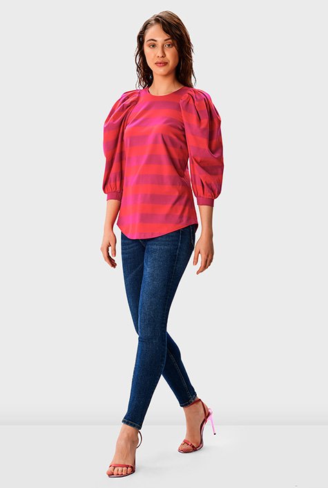 Shop Puff sleeve stripe cotton jersey blouse | eShakti