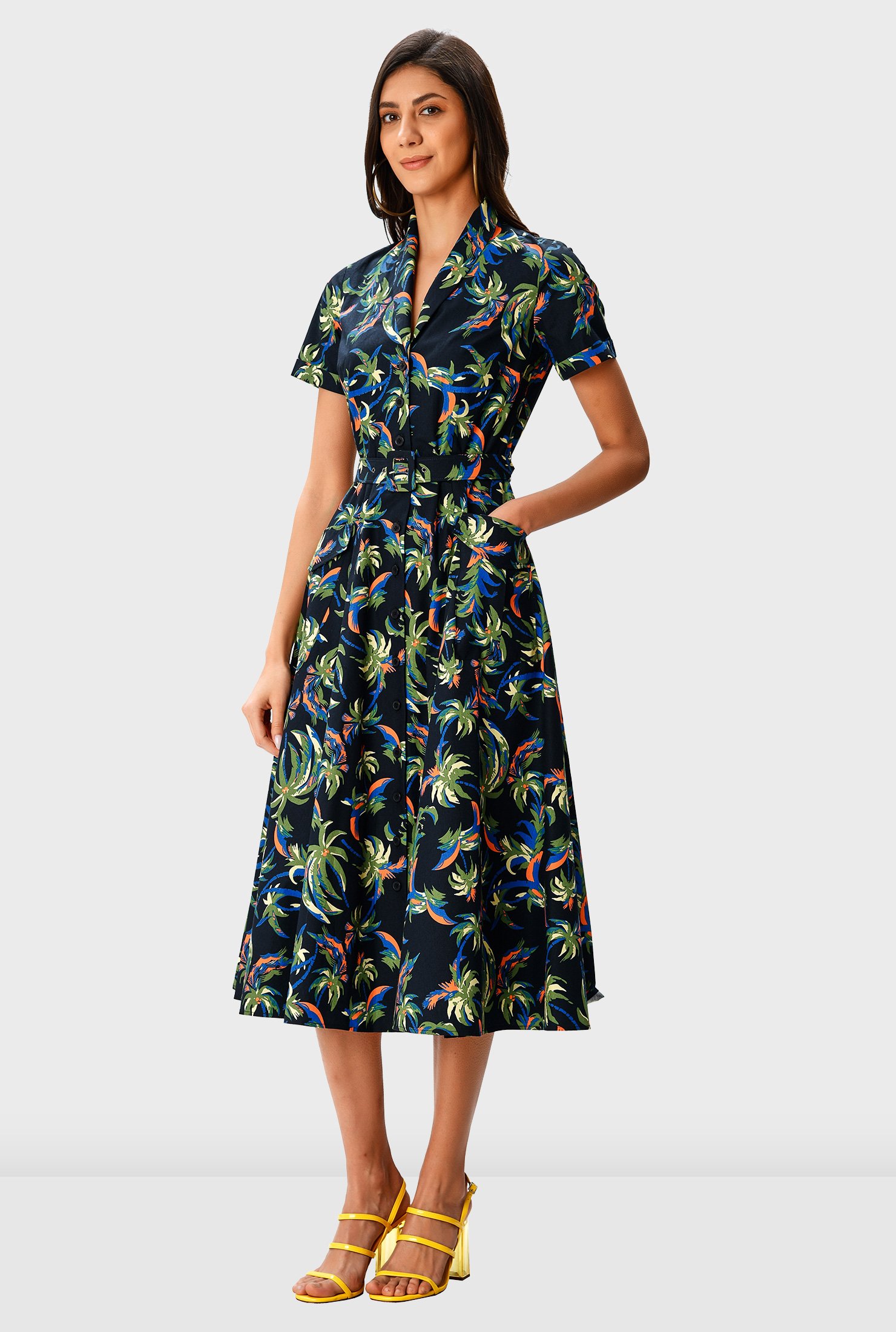 Shop Palm print cotton poplin belted shirtdress | eShakti