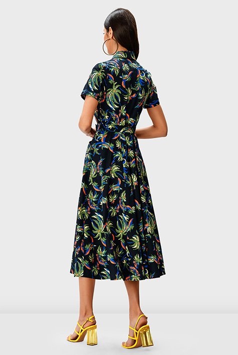 Shop Palm print cotton poplin belted shirtdress | eShakti