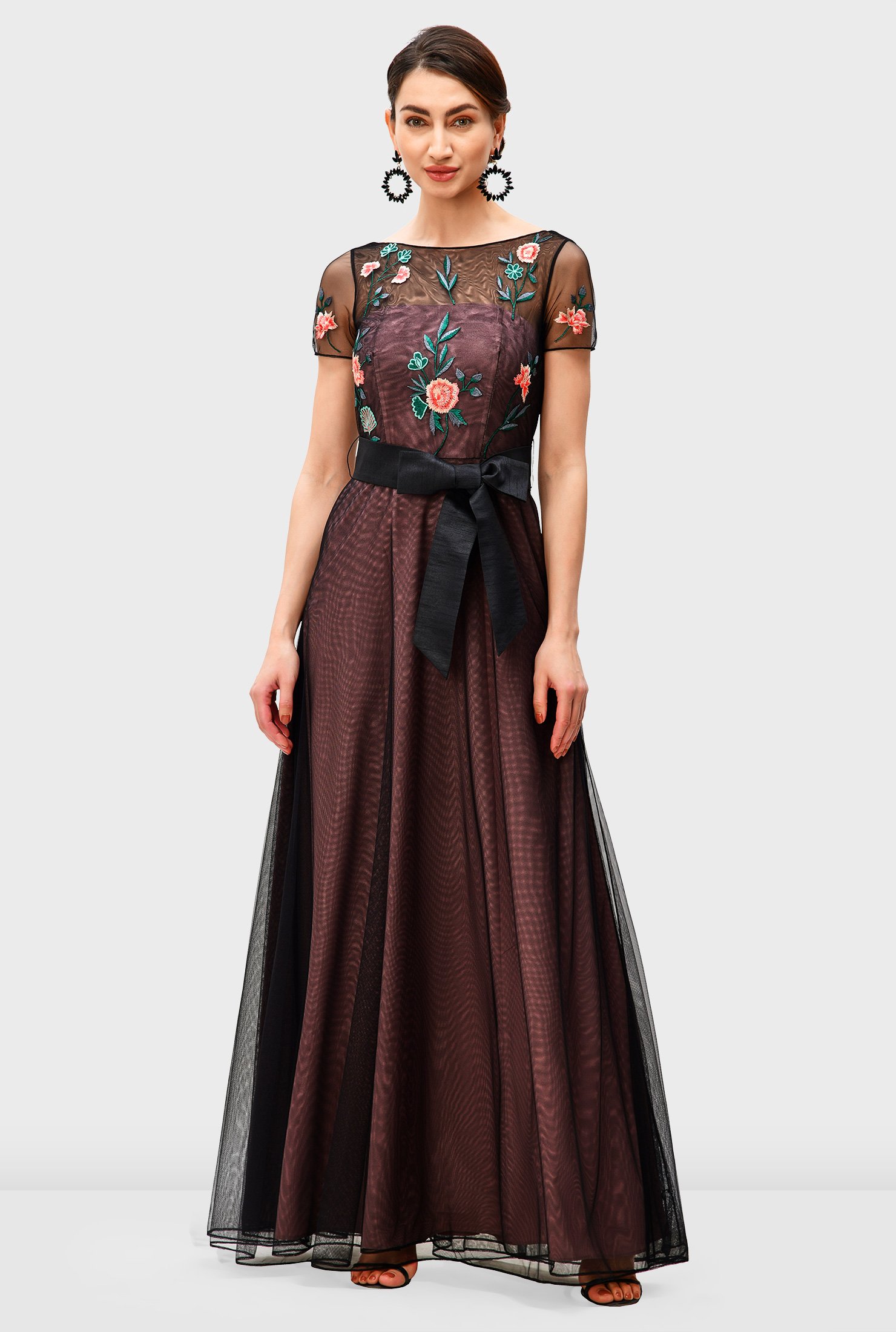 Floral embroidery illusion tulle and crepe dress