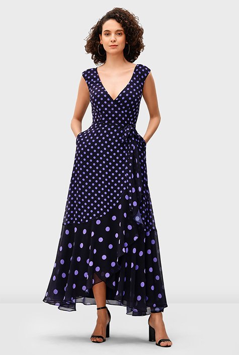 Shop Mixed polka dot print georgette wrap dress | eShakti