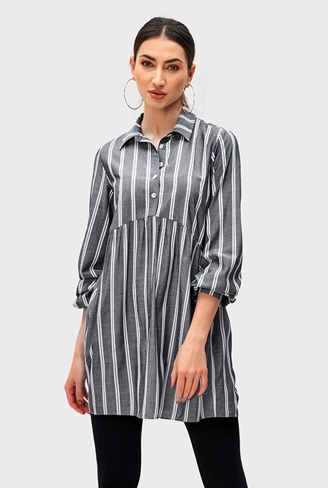 Stripe cotton chambray elliptical tunic shirt