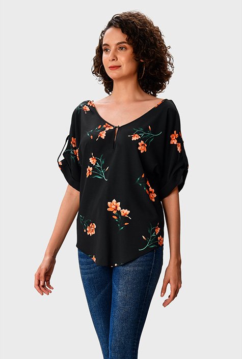 Plunging Neck Rolled-Up Sleeve Blouse