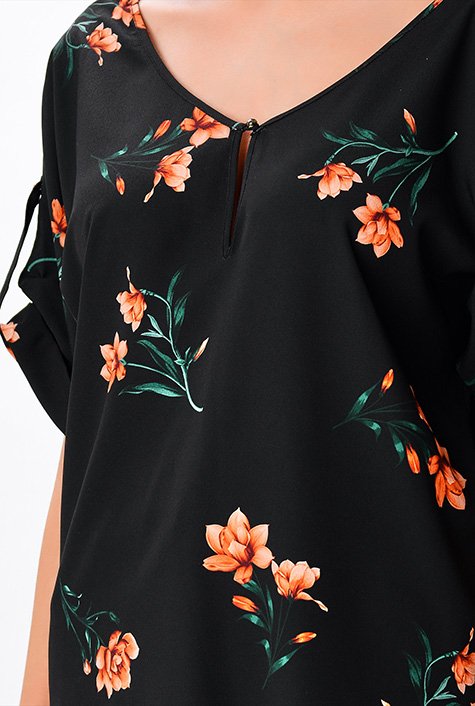 Shop Button tab dolman sleeve floral print crepe top | eShakti