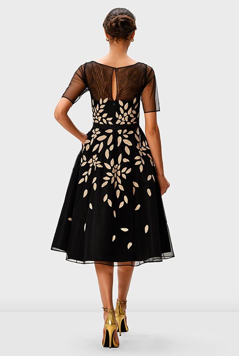 Floral embroidery illusion tulle and dupioni dress