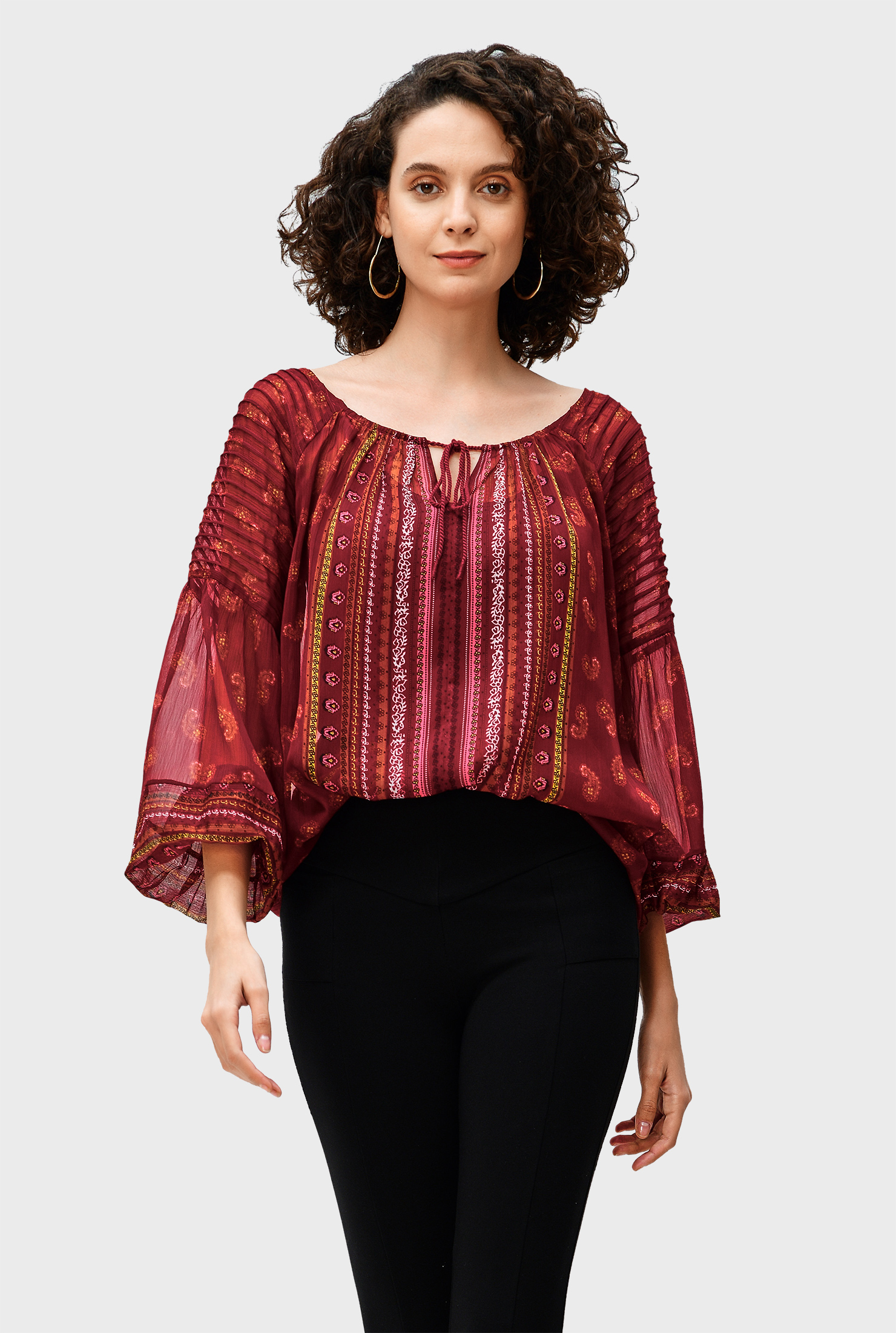 Shop Linear floral print chiffon pintuck sleeve top | eShakti