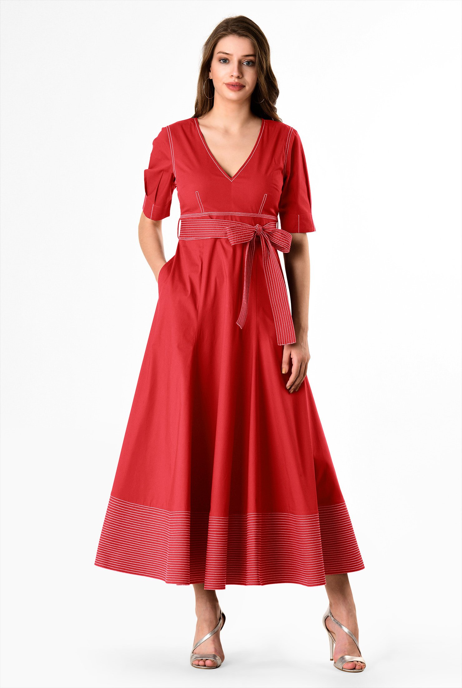 Shop Trapunto trim cotton poplin sash tie dress | eShakti