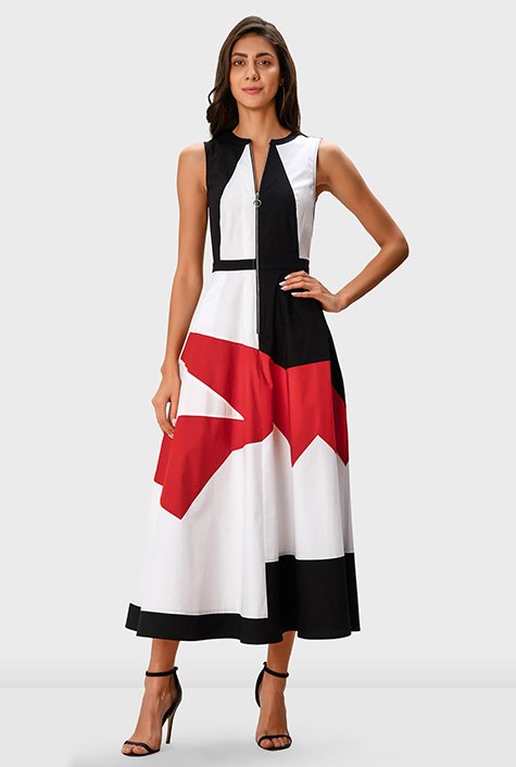 Shop Zip front abstract color block poplin dress