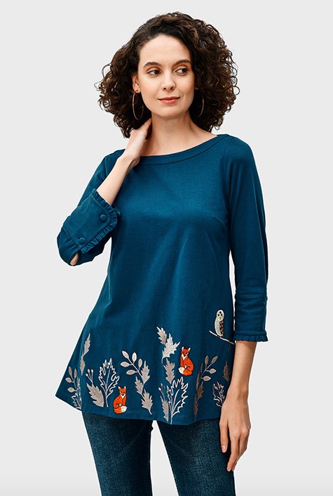 Fox and owl embroidery cotton jersey tunic