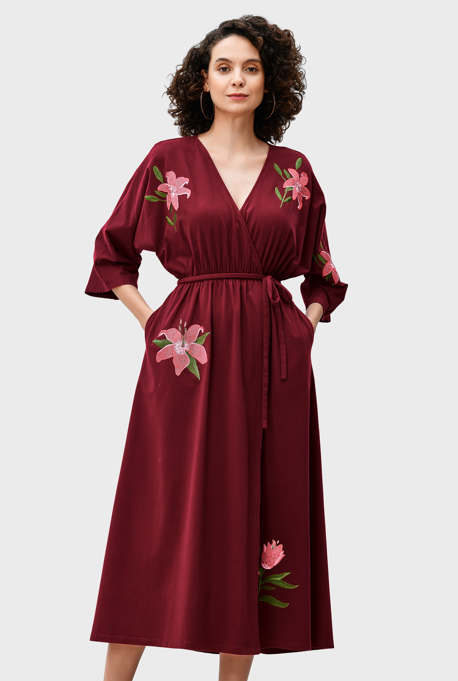 Shop Floral embroidery cotton jersey wrap dress eShakti