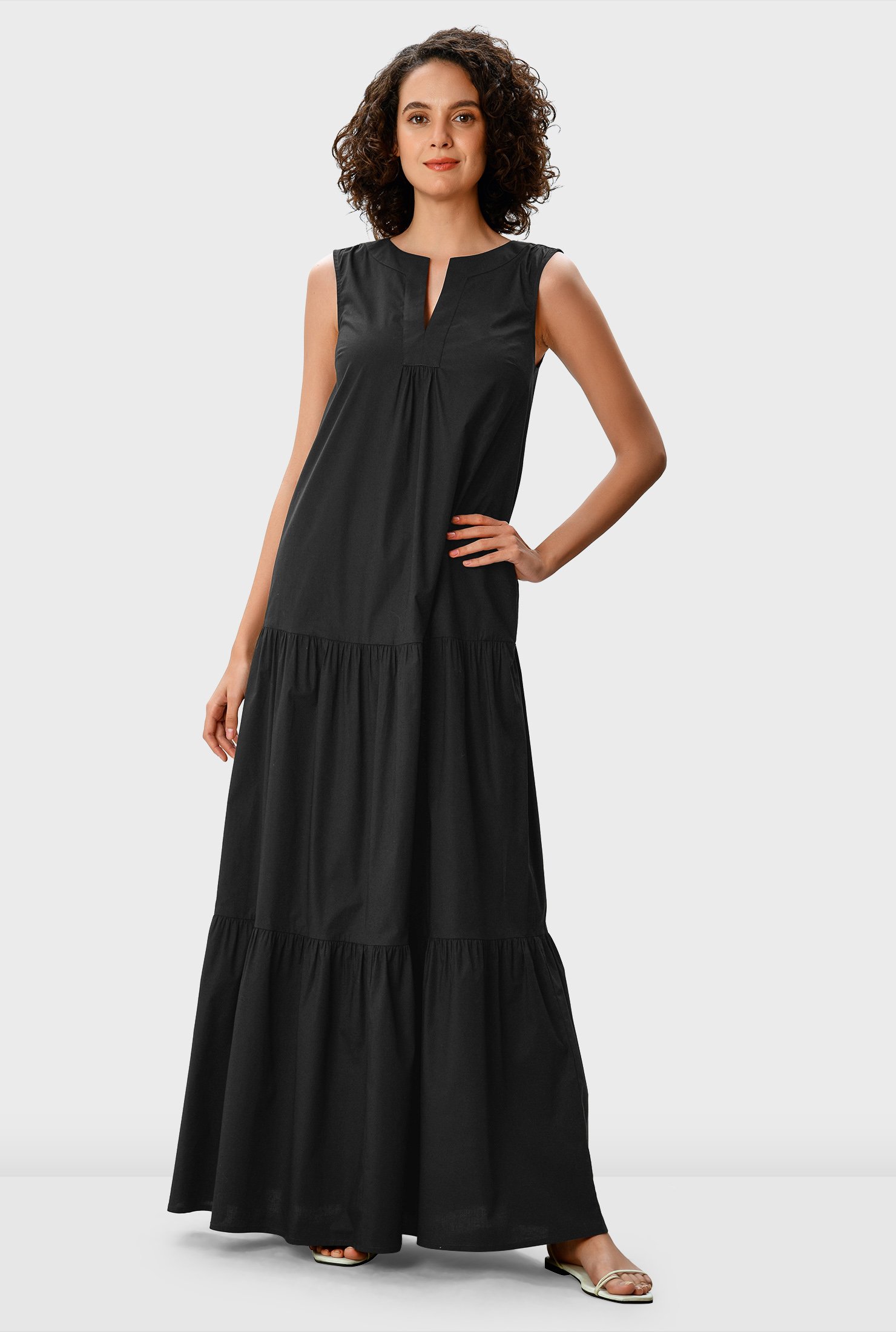 Quince Black Organic Cotton Tiered Maxi Dress sz M Women's Pockets Poplin  Fabric