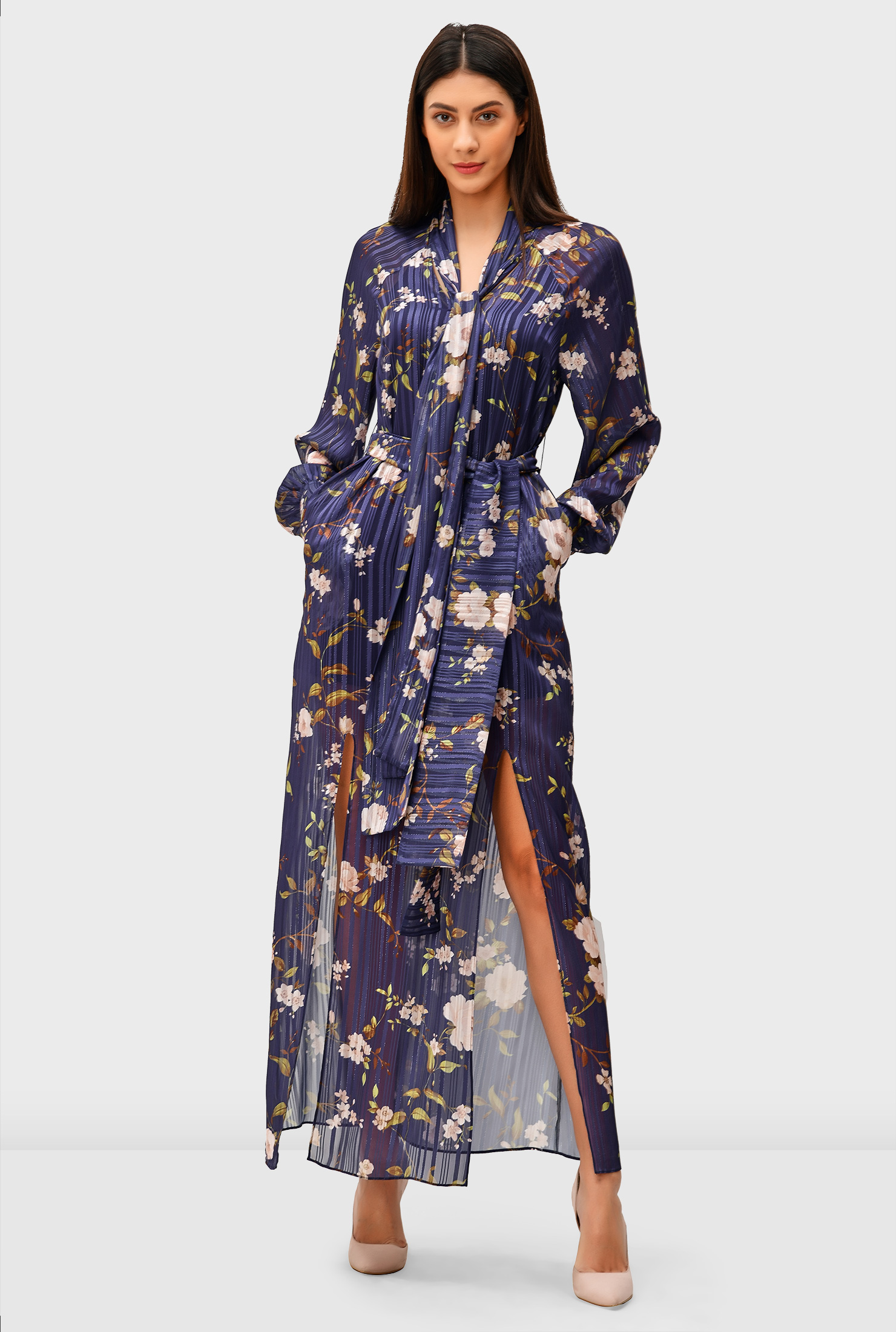 Shop Tie-neck lurex stripe floral print chiffon dress | eShakti