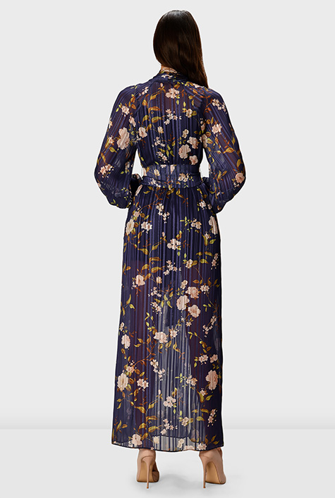 ちぃ Shop Tie-neck lurex stripe floral print chiffon dress | eShakti