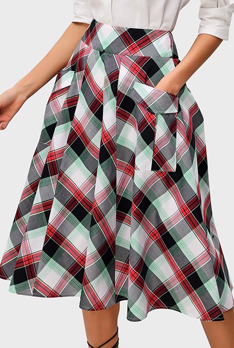 Shop Cargo pocket cotton twill check skirt | eShakti