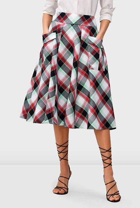 Cargo pocket cotton twill check skirt