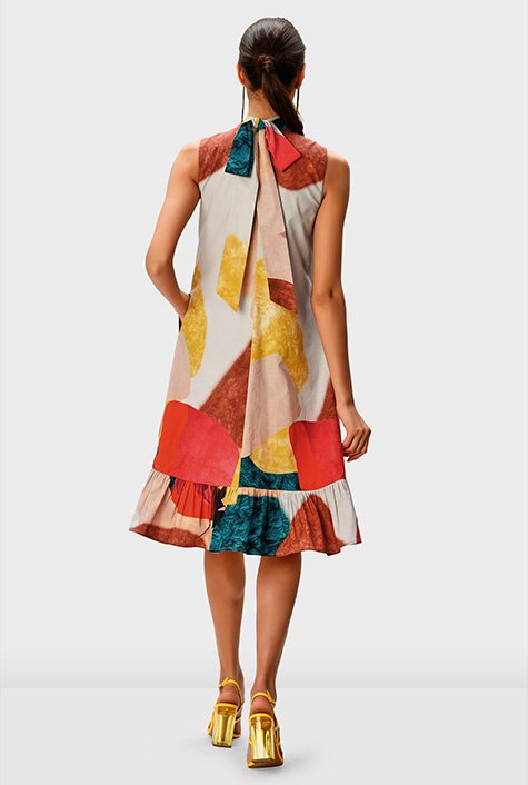Shop Tie back neck abstract print cotton poplin shift dress | eShakti