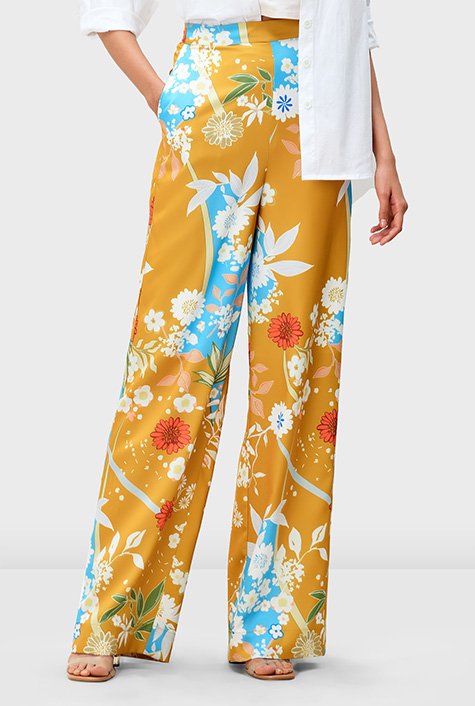 Floral print satin twill palazzo pants