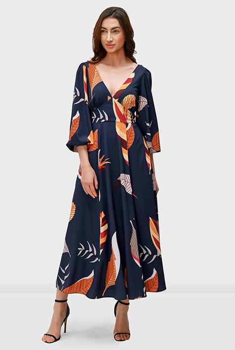 Shop Leaf print crepe banded empire dress | eShakti