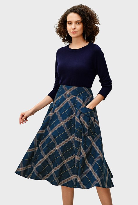 Shop Cargo pocket cotton twill check skirt | eShakti