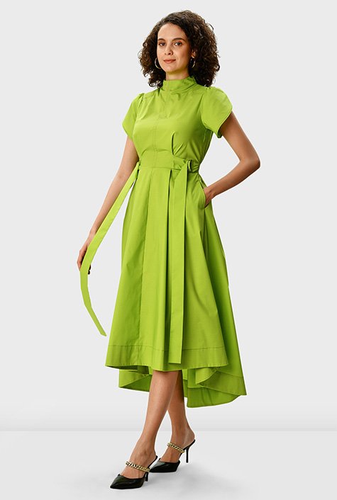 Sash tie cotton poplin tiered shirtdress