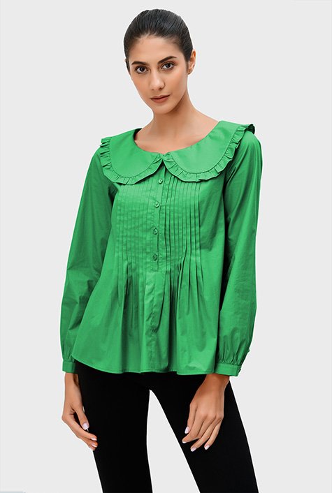 Pintuck pleat cotton poplin blouse