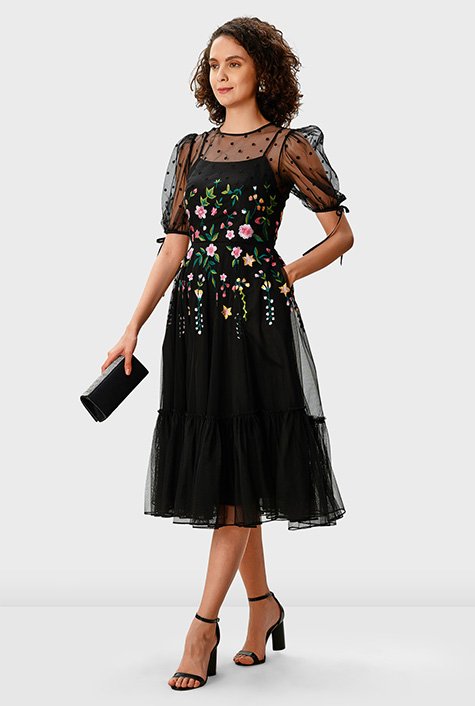 Illusion dot floral embroidery tulle dress