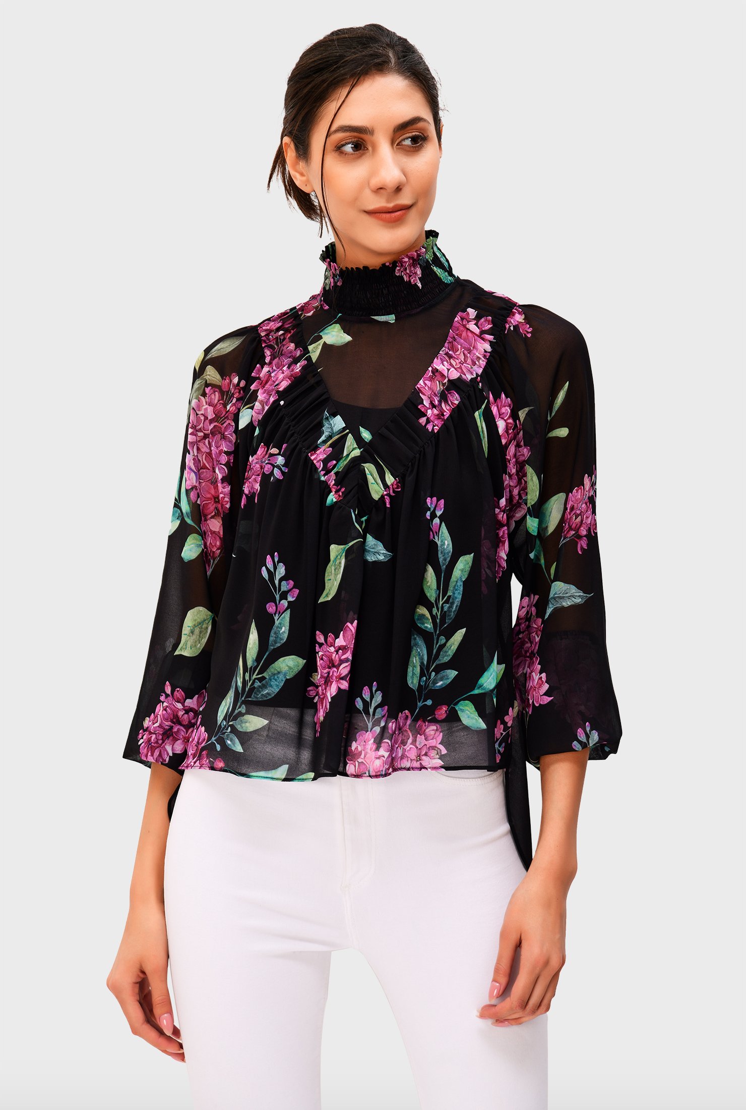 Hydrangea print georgette smocked top