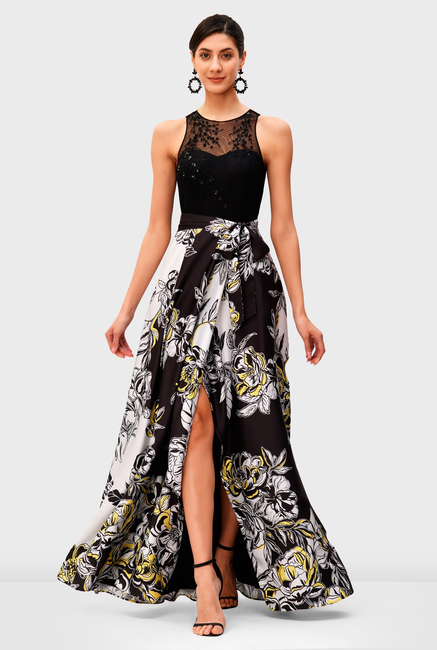 Shop Floral sequin tulle and satin maxi dress