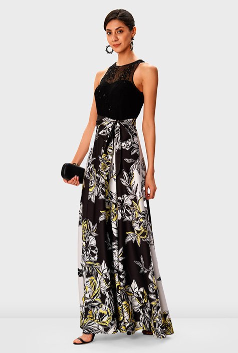 Shop Floral sequin tulle and satin maxi dress | eShakti