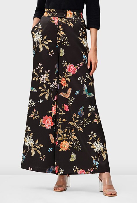 Shop Butterfly floral print satin palazzo pants