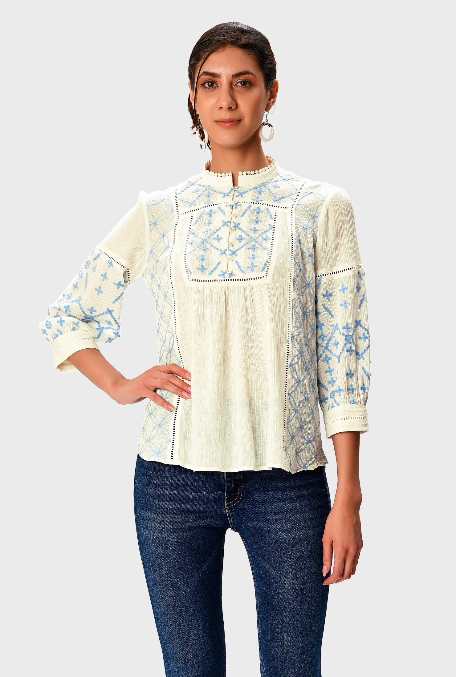 トップス crinkle crinkle 3D embroidery shirts Shop Floral embroidery crinkle top | eShakti