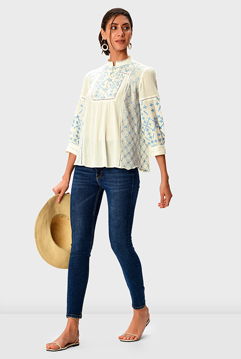 トップス crinkle crinkle 3D embroidery shirts Shop Floral embroidery crinkle top | eShakti