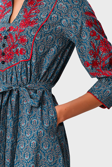 erikokatori　shell jacquard cropped ブラウス Shop Floral bird print satin kaftan shirt | eShakti