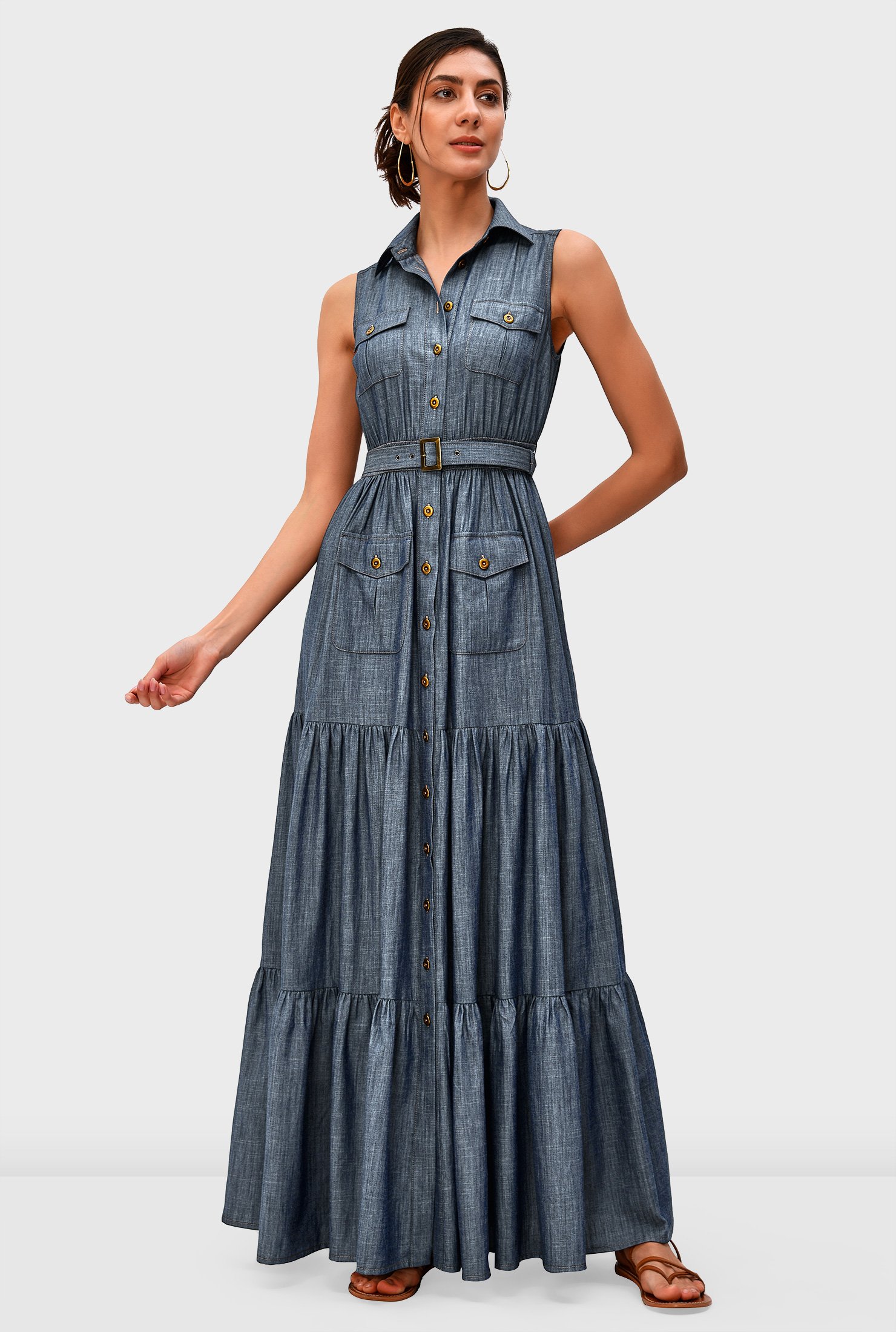 chambray tiered pocket shirtdress