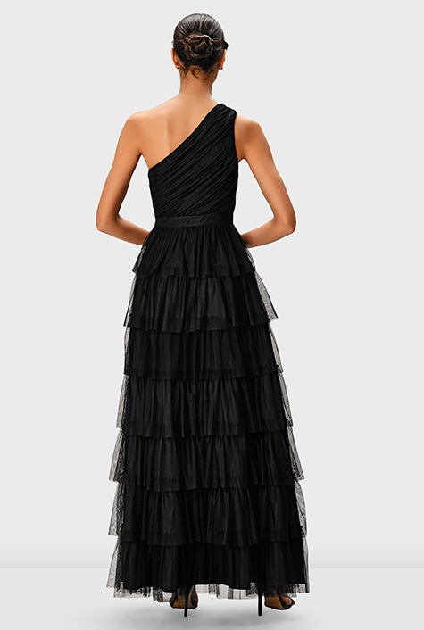 Shop One-shoulder ruffle tier tulle dress | eShakti