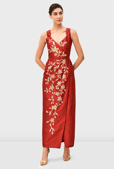 Shop Floral embroidery dupioni faux-wrap dress | eShakti