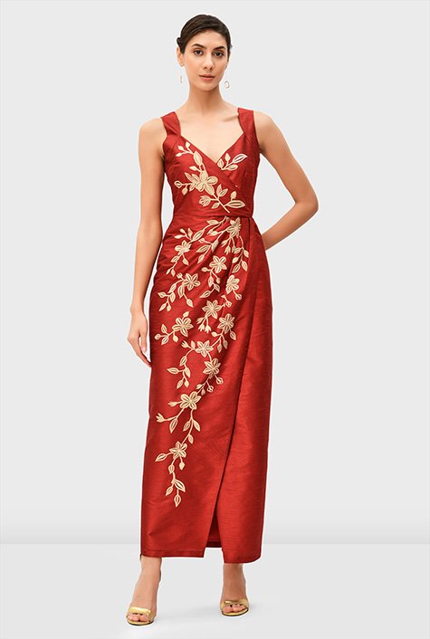 Shop Floral embroidery dupioni faux-wrap dress