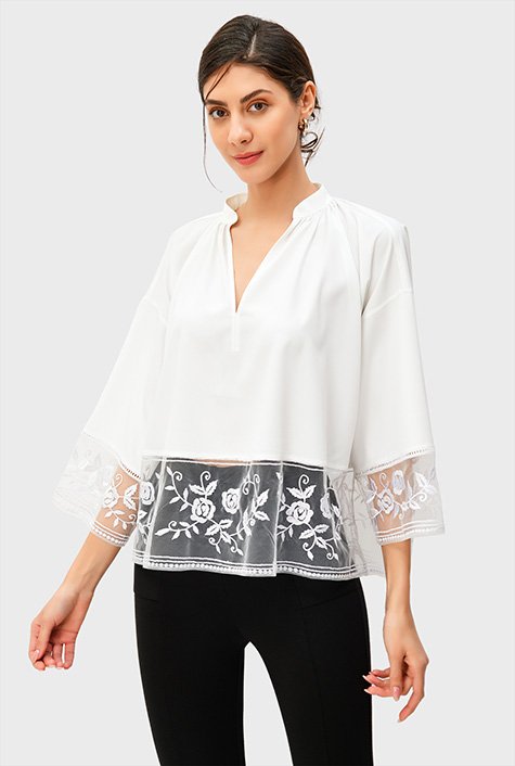 Shop Floral embellished tulle and crepe top | eShakti