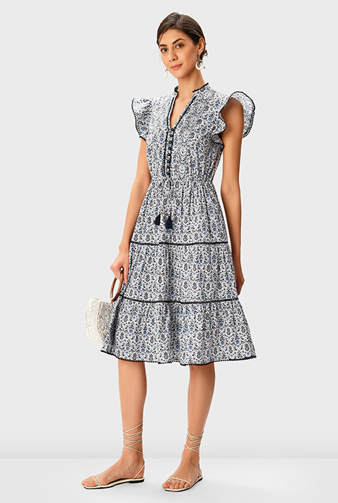 Shop Floral print cotton poplin drawstring waist dress eShakti