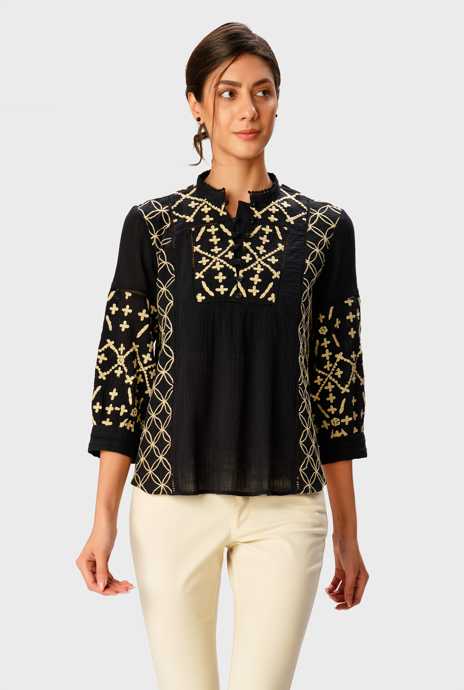 トップス crinkle crinkle 3D embroidery shirts Shop Floral embroidery crinkle top | eShakti