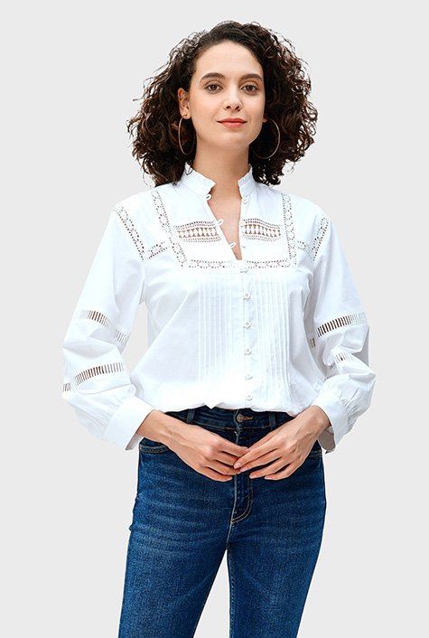 Shop Lace trim pintuck pleat cotton poplin shirt | eShakti