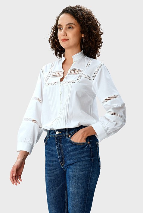 Shop Lace trim pintuck pleat cotton poplin shirt | eShakti