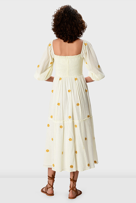 Shop Floral embroidery Rayon Crinkle smocked dress | eShakti