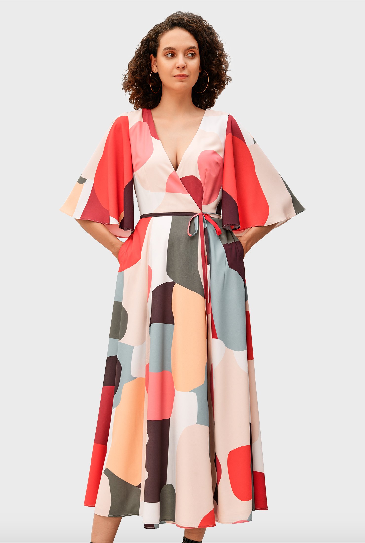 Flutter sleeve abstract print crepe wrap dress