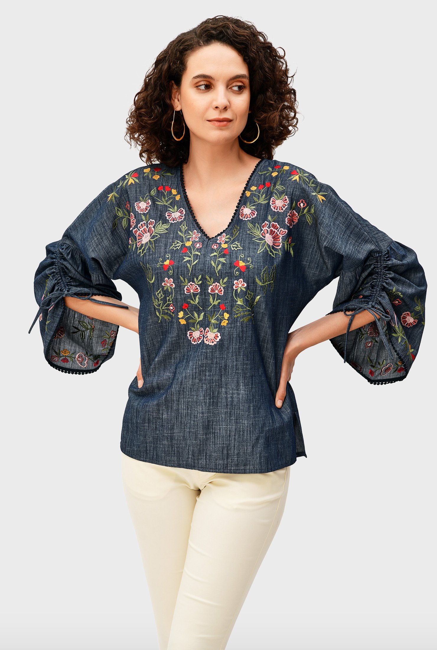 Tie-cuff floral embroidery cotton chambray blouse