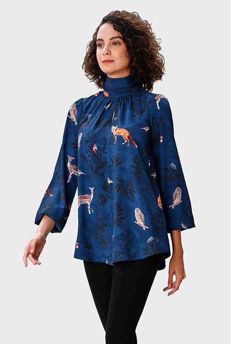 Shop Woodland print ruched crepe tunic | eShakti